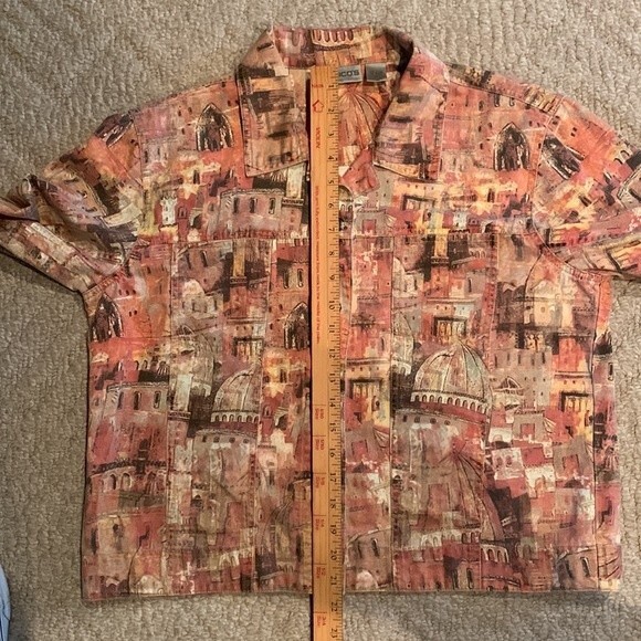 Chico’s Earth Tone European Cityscape Print Cotton Jean Jacket Size 2 - Picture 10 of 10